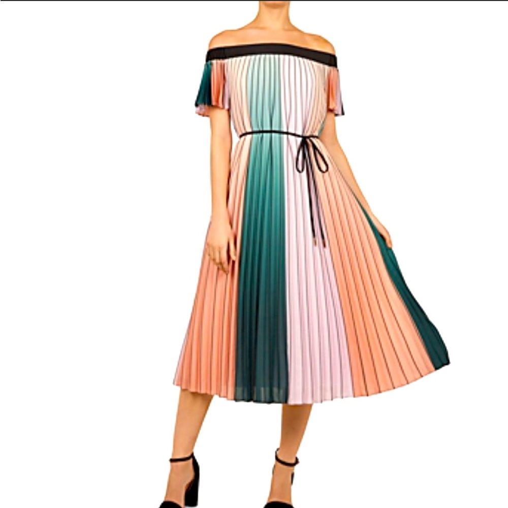 Ted Baker Color Blocked Pleated Dress, Black, Green, Pink, Ted Size 3 (Medium)